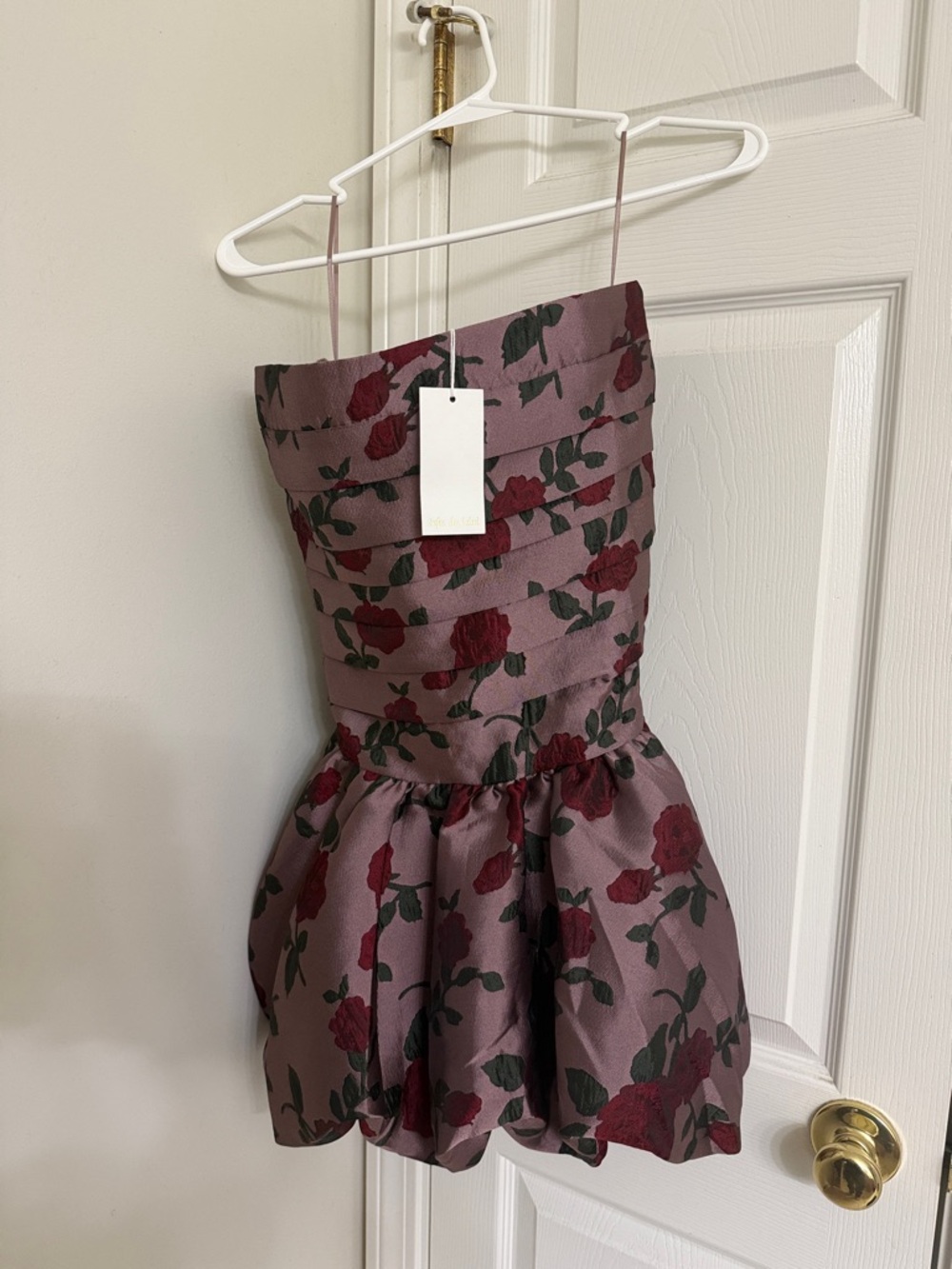New Strapless “Sofie the label” Rose Print Party Dress in Mauve and Burgundy